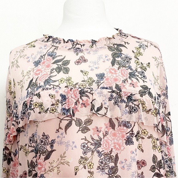 MASSINI floral print sheer yoke and sleeve lined body ruffle trim blouse 3X - Picture 2 of 9